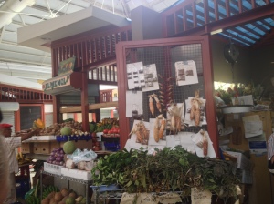 A grocers stall in an indoor market in the city! Lots of exotic fruit and veg!